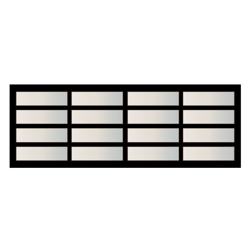Vector illustration of a modern garage door with four horizontal and four vertical sections, featuring frosted glass panels encased in a sleek black frame, ideal for contemporary architectural designs