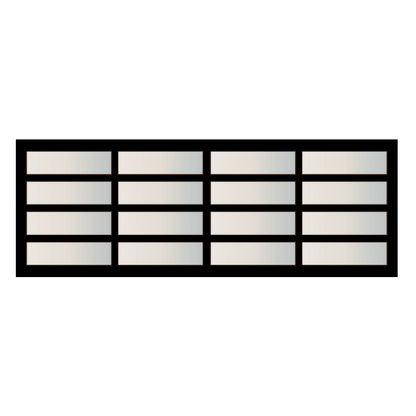Vector illustration of a modern garage door with four horizontal and four vertical sections, featuring frosted glass panels encased in a sleek black frame, ideal for contemporary architectural designs