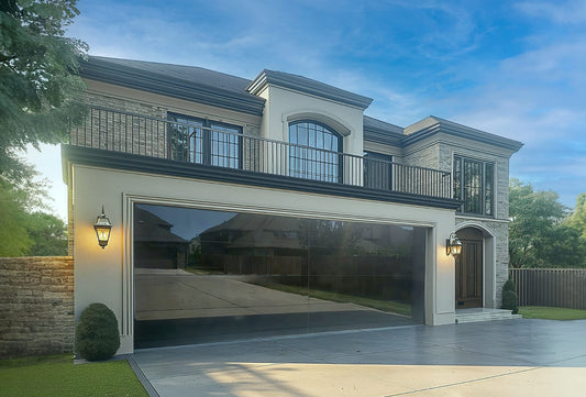 Elegant frameless garage door with a glossy, reflective finish, enhancing the sophisticated exterior of a luxurious home. Perfect for modern architectural designs, this durable, non-insulated garage door provides a sleek, minimalist appearance while ensuring privacy and style.