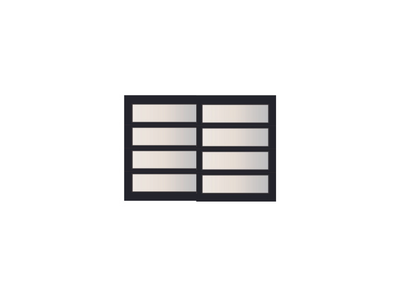 Vector illustration of a modern garage door with four horizontal and two vertical sections, featuring frosted glass panels encased in a sleek black frame, ideal for contemporary architectural designs