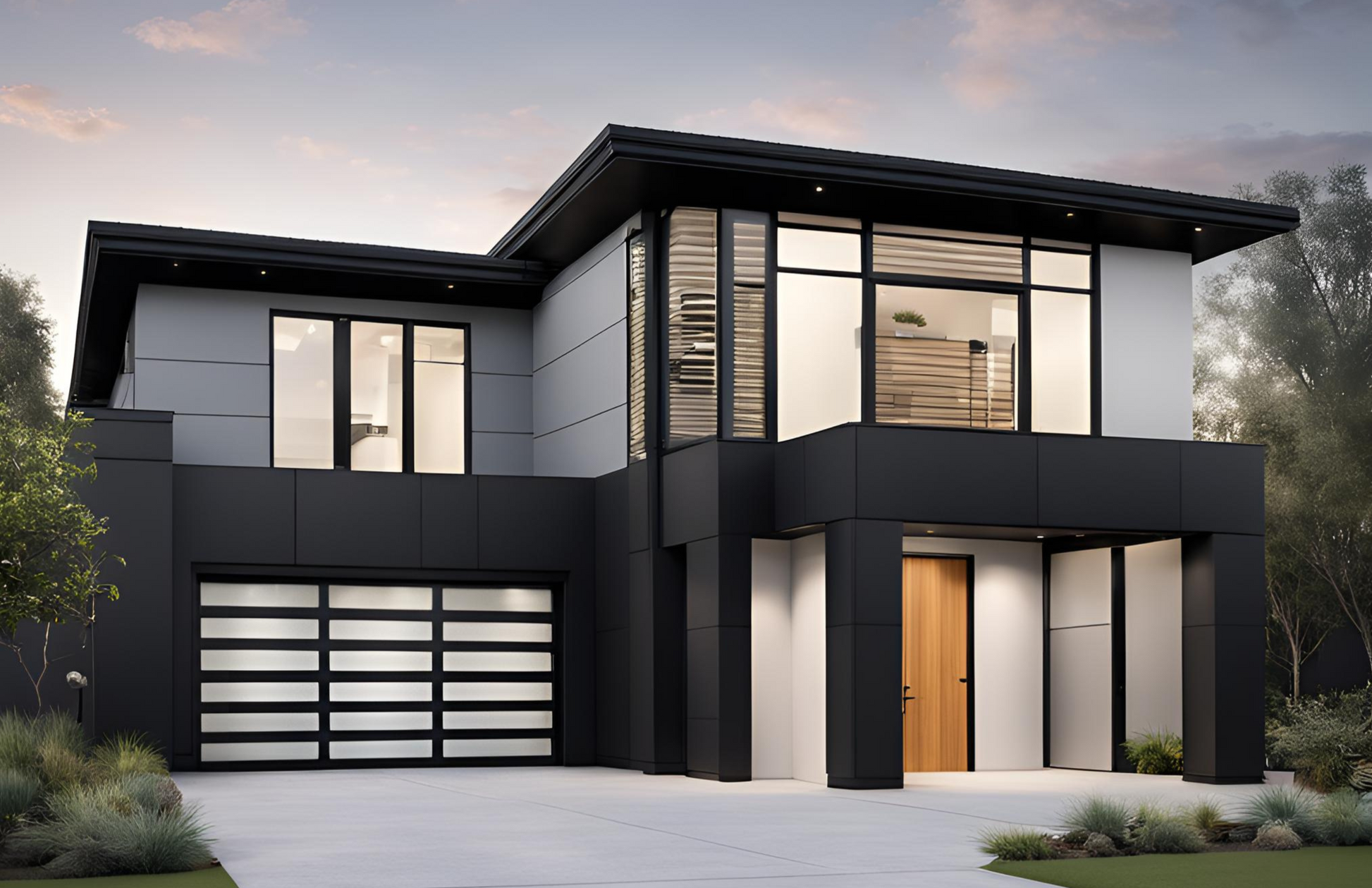 Stunning modern home featuring sleek matte black garage doors with frosted glass, enhancing the architectural design and curb appeal