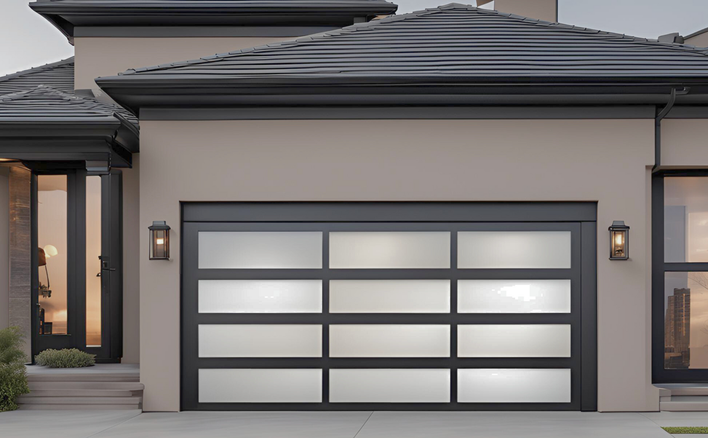 Modern matte black garage door with frosted glass panels on a contemporary home, featuring 4 panels and 3 window sections for a sleek and stylish look